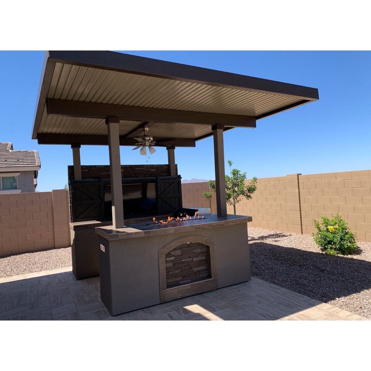 KoKoMo Grills Barn Door TV Wall BBQ Island Pergola Firepit - Upper Livin