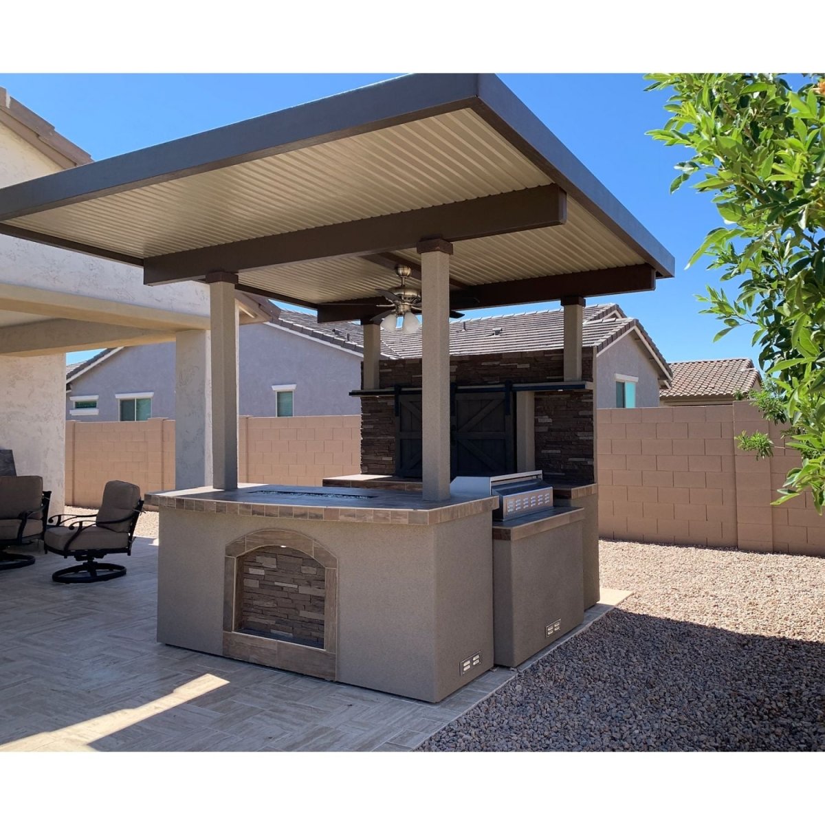 KoKoMo Grills Barn Door TV Wall BBQ Island Pergola Firepit - Upper Livin